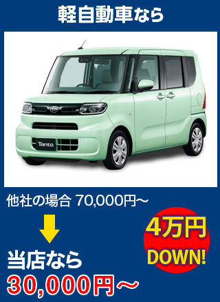 軽自動車なら、他社の場合70,000円～のところを株式会社西谷硝子なら30,000円～　5万円DOWN！